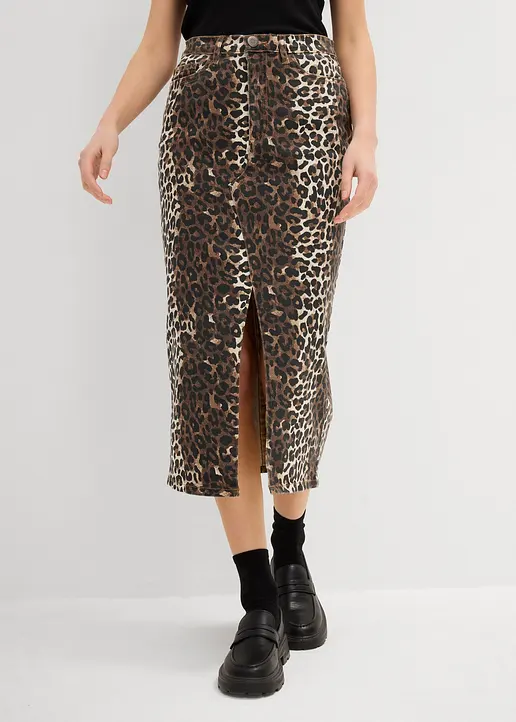 Bonprix Moderner Midirock Mit Leopardenmuster Aus Twill - Beige