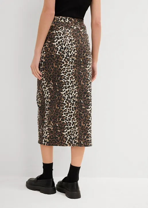Bonprix Moderner Midirock Mit Leopardenmuster Aus Twill - Beige