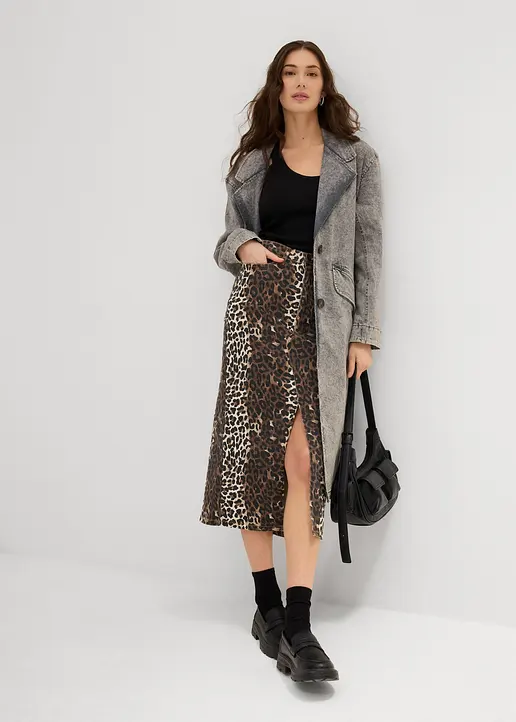 Bonprix Moderner Midirock Mit Leopardenmuster Aus Twill - Beige