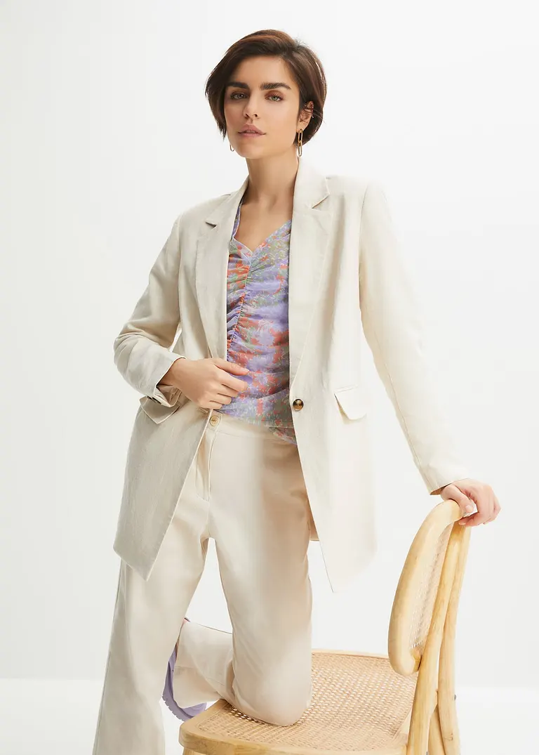 Bonprix Moderner Oversized Blazer Mit Streckendem V-Ausschnitt - Beige