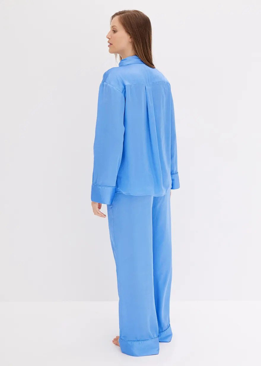 Bonprix Moderner Oversized Pyjama Aus Satin Mit Brusttasche - Mittelblau