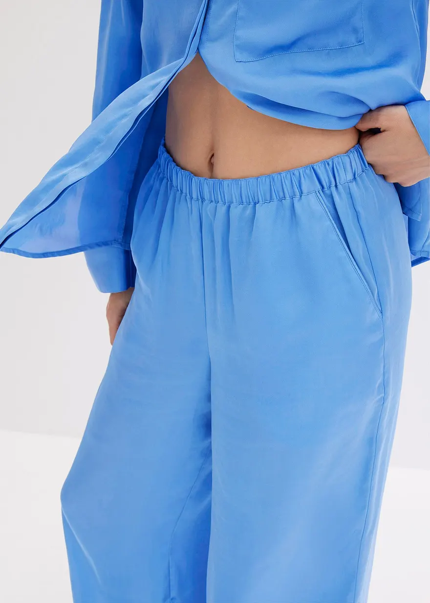 Bonprix Moderner Oversized Pyjama Aus Satin Mit Brusttasche - Mittelblau