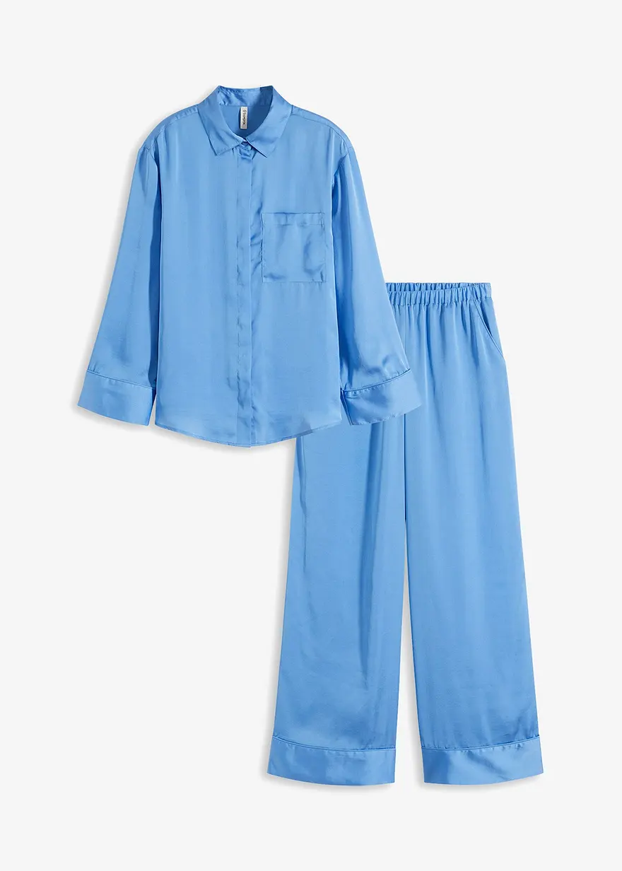 bonprix Moderner oversized Pyjama aus Satin mit Brusttasche - mittelblau