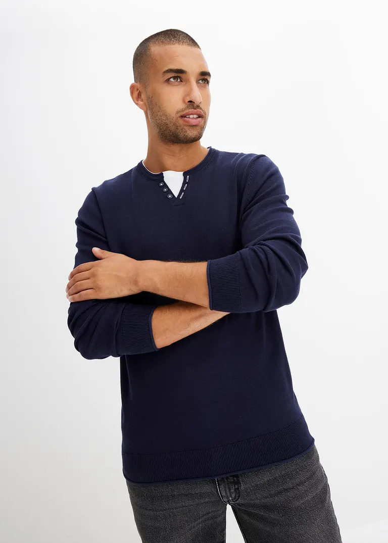 Bonprix Moderner Pullover Mit Angedeuteter Knopfleiste - Blau