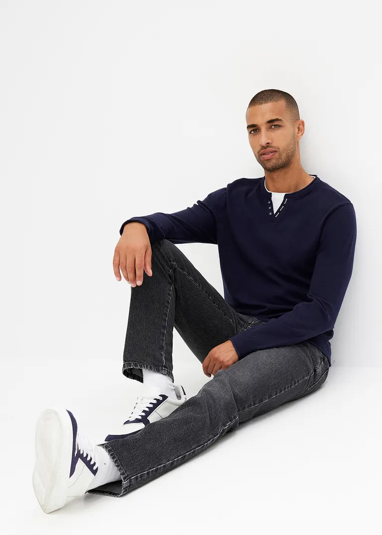 Bonprix Moderner Pullover Mit Angedeuteter Knopfleiste - Blau