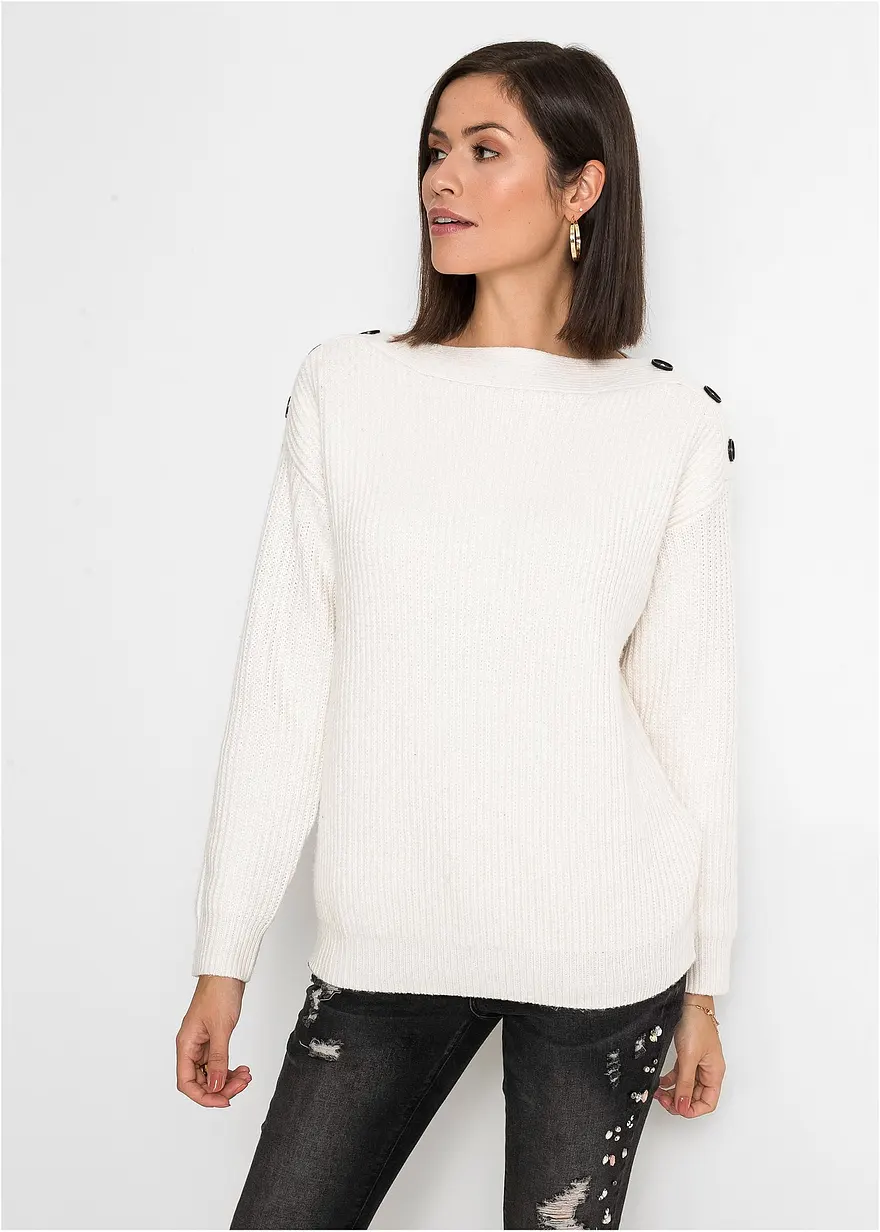 Bonprix Moderner Pullover Mit Knopfverzierung - Weiß - Damen