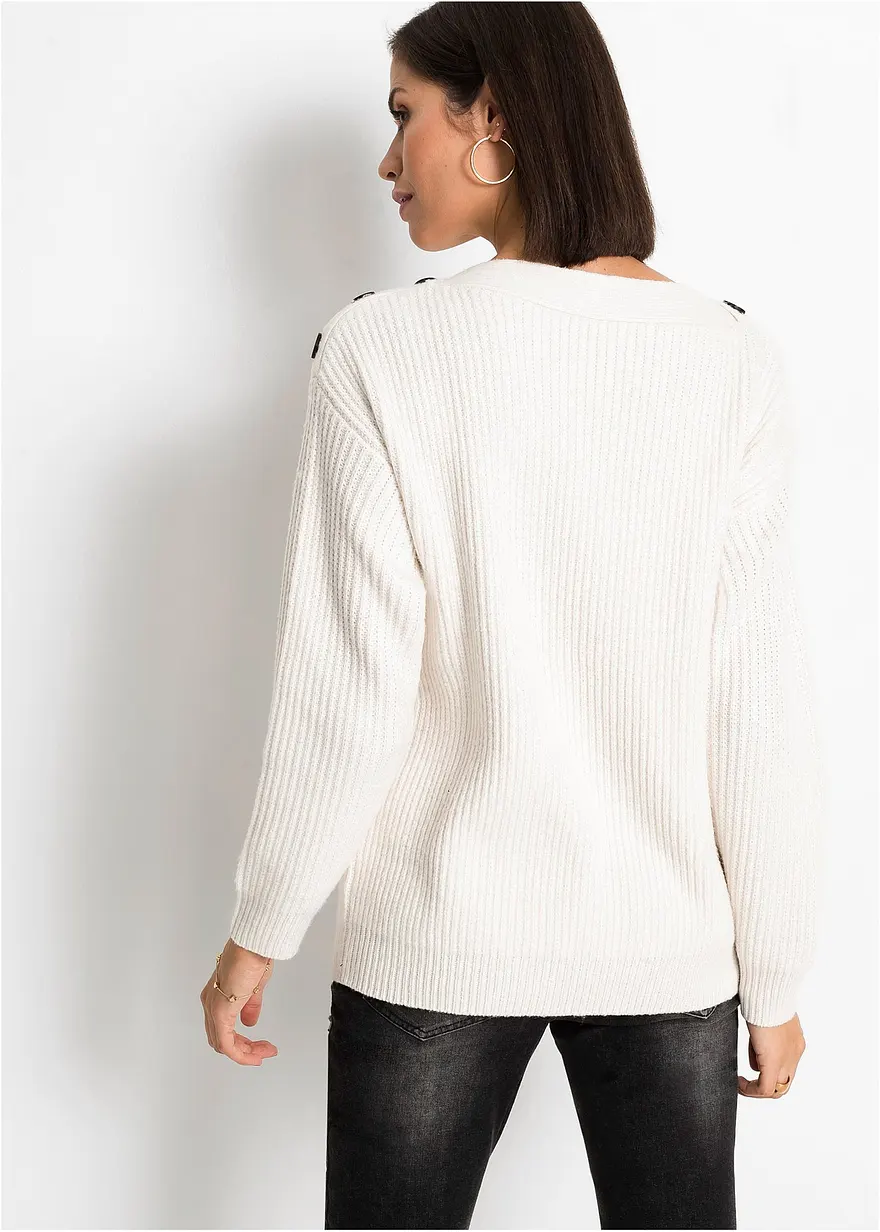 Bonprix Moderner Pullover Mit Knopfverzierung - Weiß - Damen