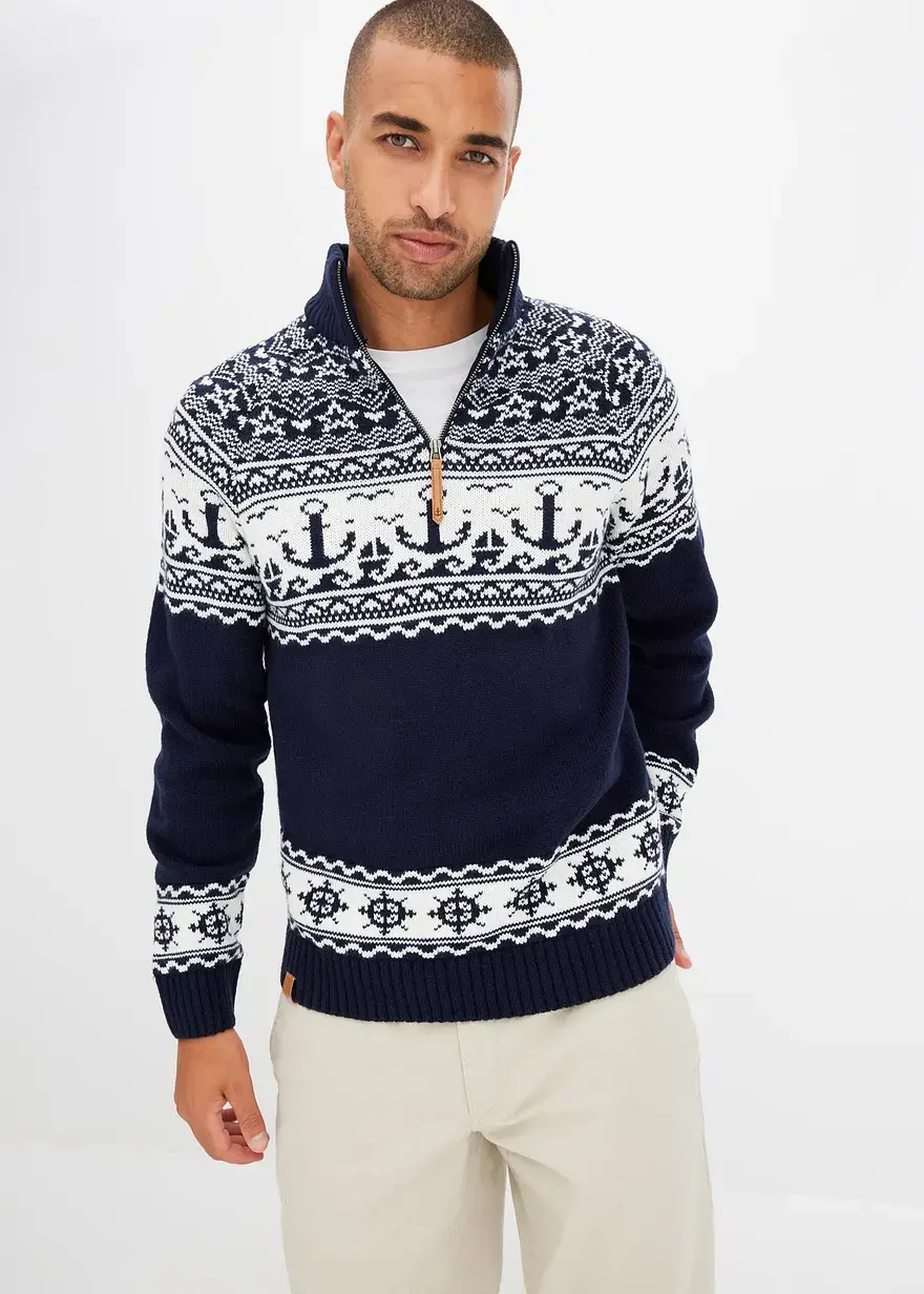 Bonprix Moderner Pullover Mit Troyerkragen Und Reißschlussöffnung - Blau