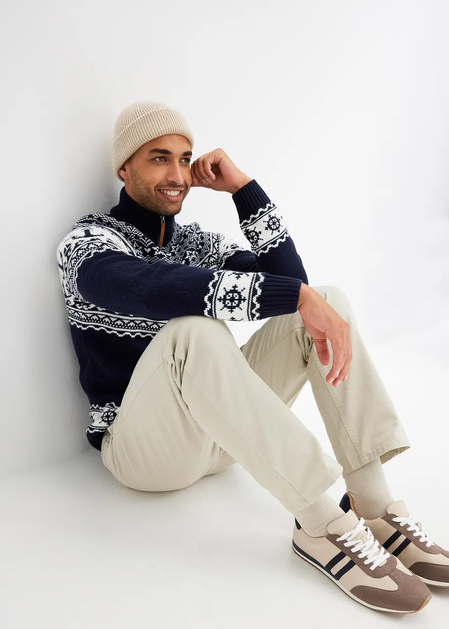 Bonprix Moderner Pullover Mit Troyerkragen Und Reißschlussöffnung - Blau