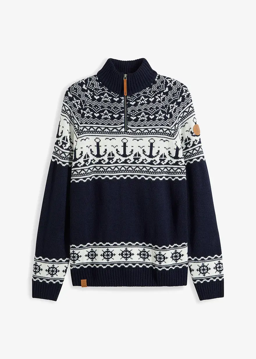 bonprix moderner Pullover mit Troyerkragen und Reißschlussöffnung - blau