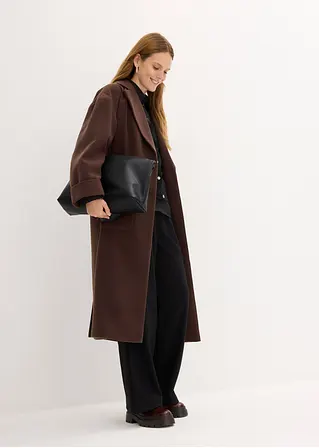 Bonprix Moderner Wollimitat-Mantel Mit Taschen Und Bindegürtel - Braun