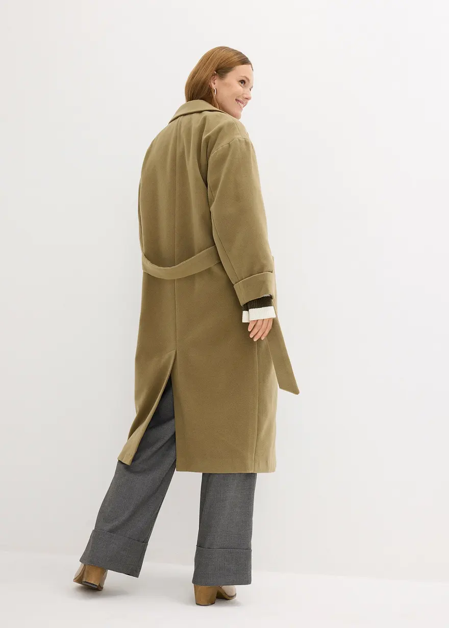 Bonprix Moderner Wollimitat-Mantel Mit Taschen Und Bindegürtel - Grün