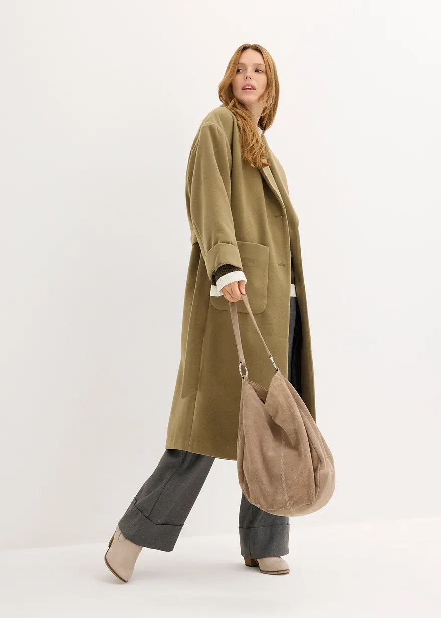 Bonprix Moderner Wollimitat-Mantel Mit Taschen Und Bindegürtel - Grün