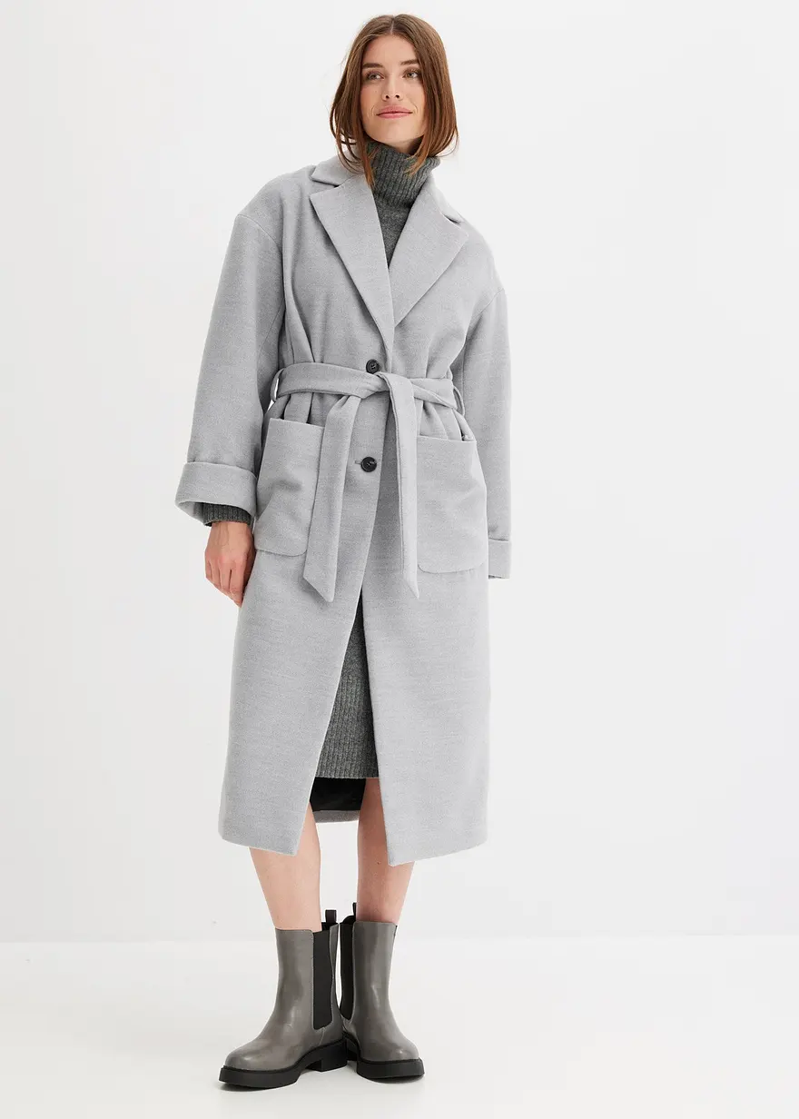 Bonprix Moderner Wollimitat-Mantel Mit Taschen Und Bindegürtel - Grau
