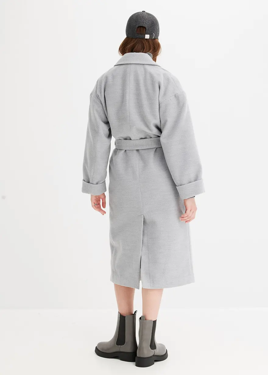 Bonprix Moderner Wollimitat-Mantel Mit Taschen Und Bindegürtel - Grau