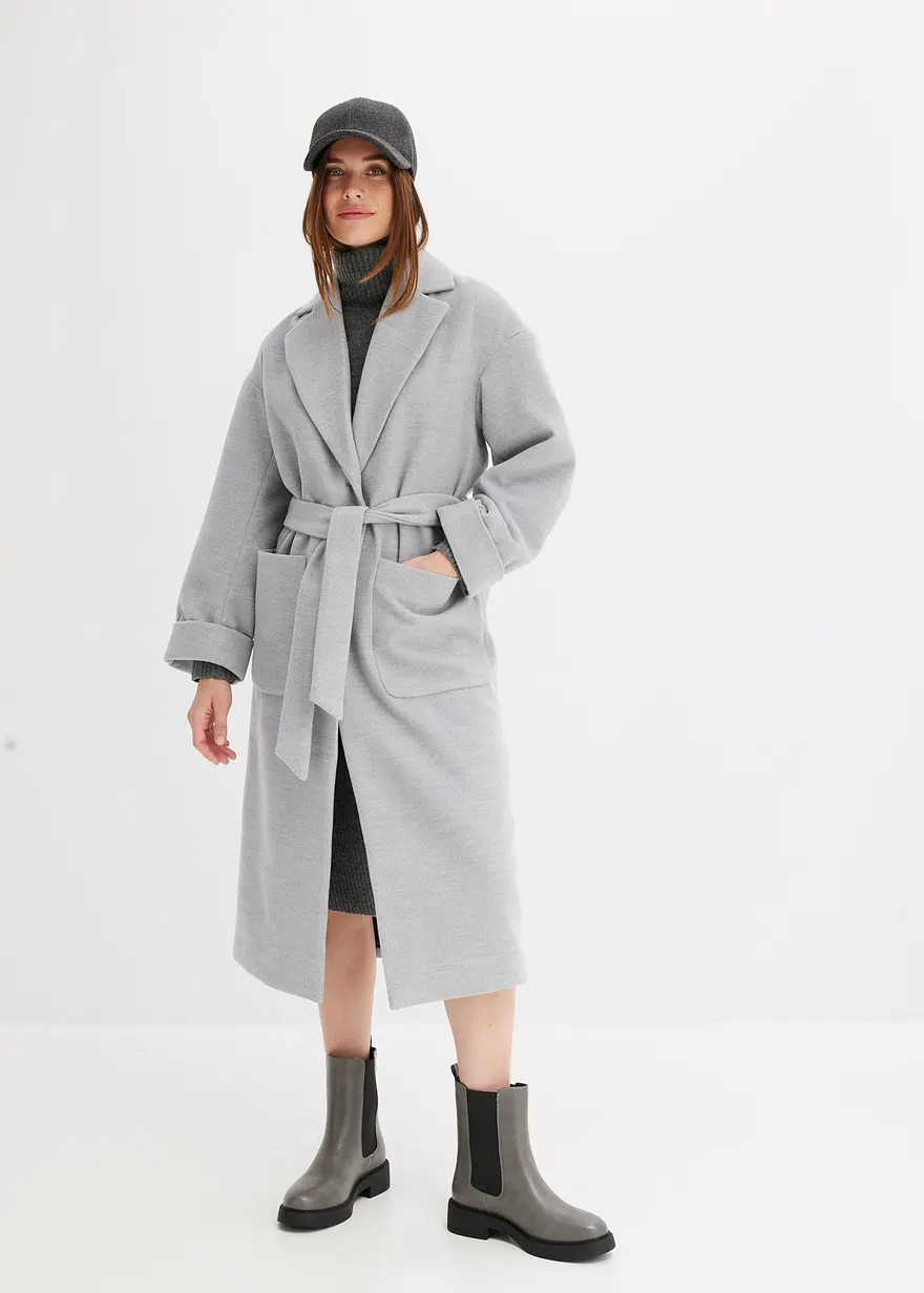 Bonprix Moderner Wollimitat-Mantel Mit Taschen Und Bindegürtel - Grau