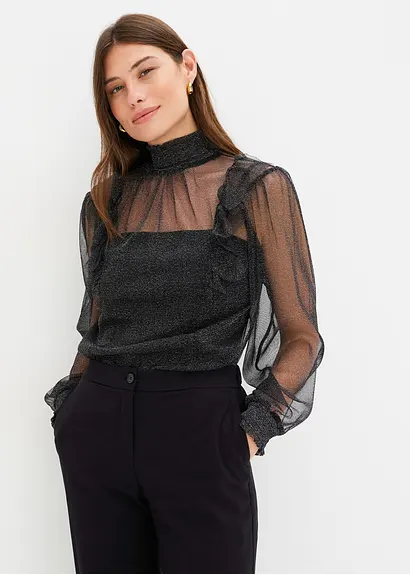 Bonprix Modernes Blusenshirt Aus Glitzer-Mesh Mit Ballonärmeln - Schwarz