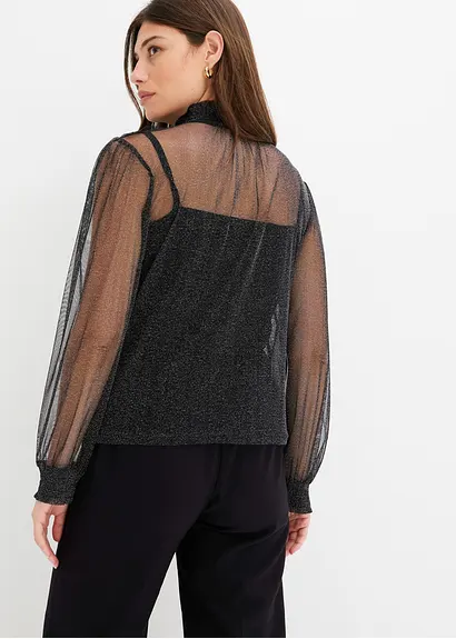 Bonprix Modernes Blusenshirt Aus Glitzer-Mesh Mit Ballonärmeln - Schwarz