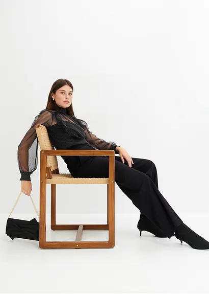 Bonprix Modernes Blusenshirt Aus Glitzer-Mesh Mit Ballonärmeln - Schwarz