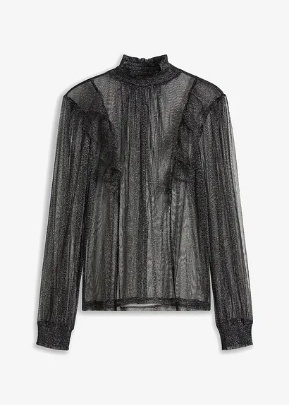bonprix Modernes Blusenshirt aus Glitzer-Mesh mit Ballonärmeln - schwarz