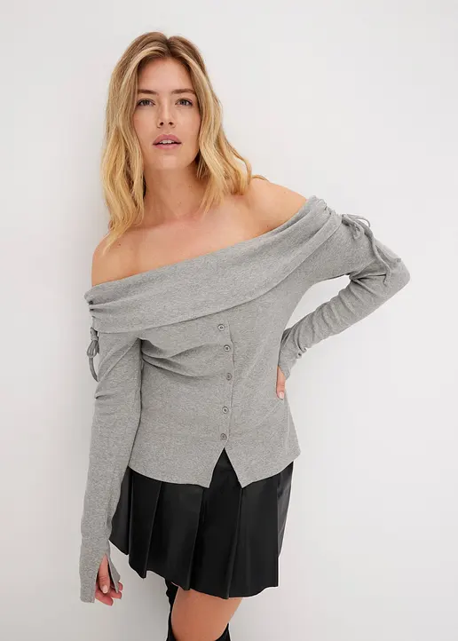 Bonprix Modernes Carmenshirt Mit Schnürdetails Und Knopfleiste - Grau