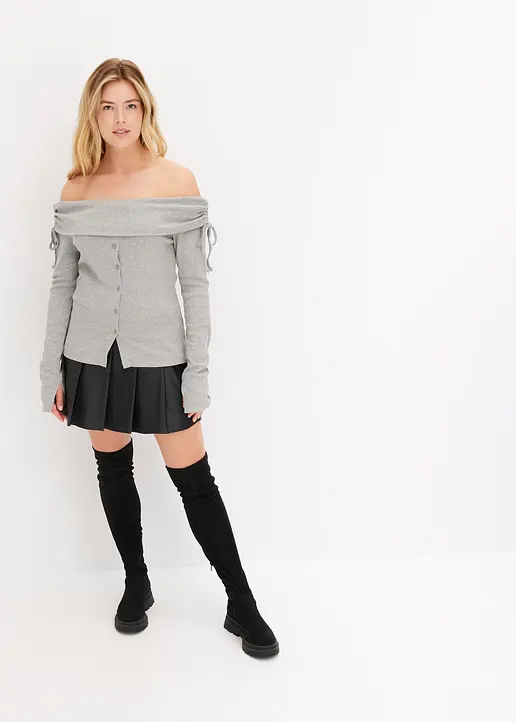 Bonprix Modernes Carmenshirt Mit Schnürdetails Und Knopfleiste - Grau