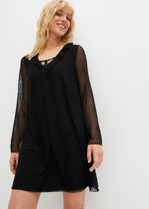 Bonprix Modernes Gefüttertes Minikleid Aus Mesh Und Volants Am Ausschnitt