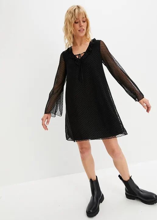 Bonprix Modernes Gefüttertes Minikleid Aus Mesh Und Volants Am Ausschnitt