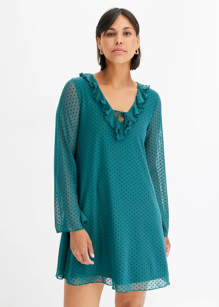 Bonprix Modernes Gefüttertes Minikleid Aus Mesh Und Volants Am Ausschnitt