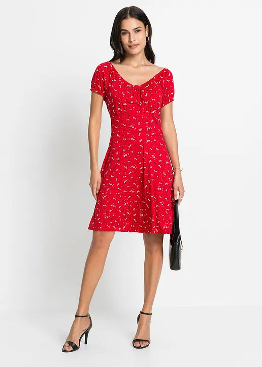 Bonprix Modernes Kleid Mit Ausgestelltem Rockteil Und Schönem Druck - Rot