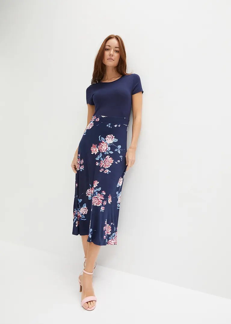 Bonprix Modernes Kleid Mit Bedrucktem Rockteil - Blau Petite