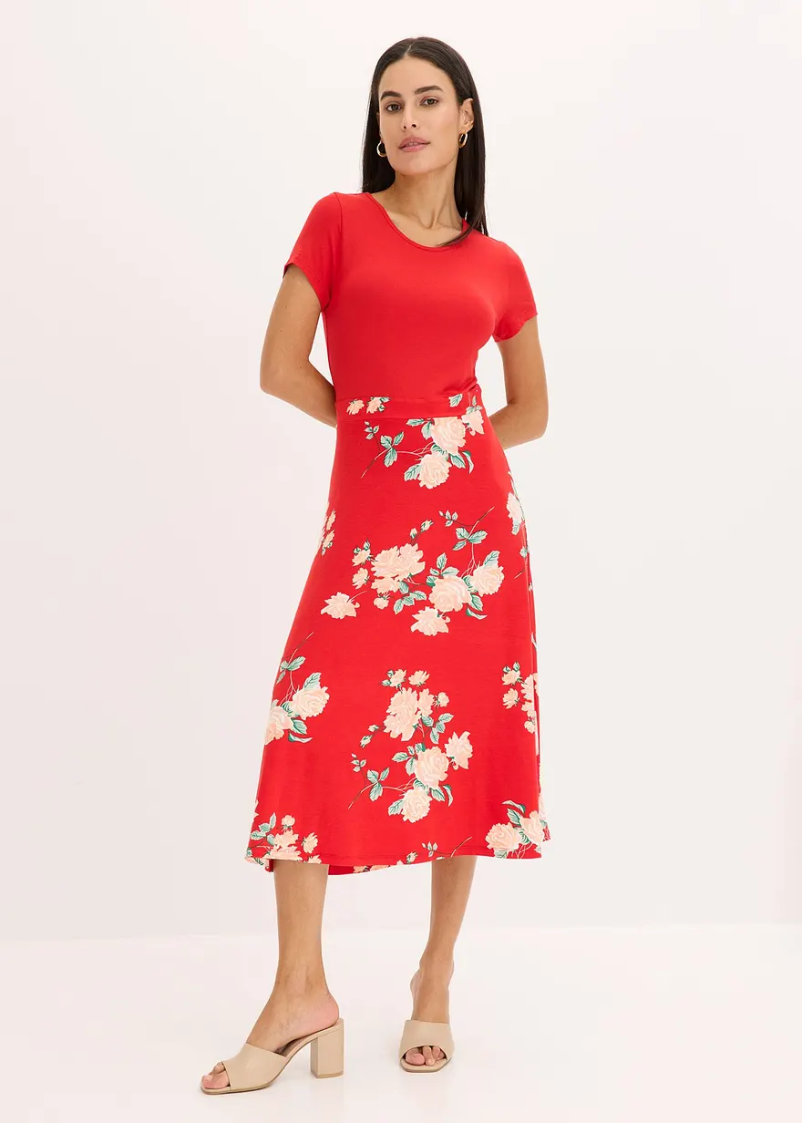 Bonprix Modernes Kleid Mit Bedrucktem Rockteil - Rot Petite