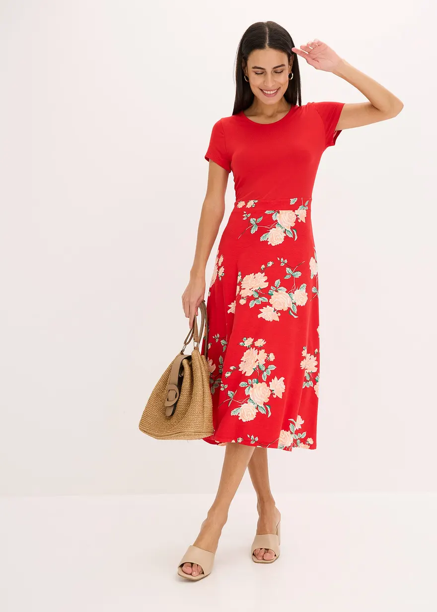 Bonprix Modernes Kleid Mit Bedrucktem Rockteil - Rot Petite