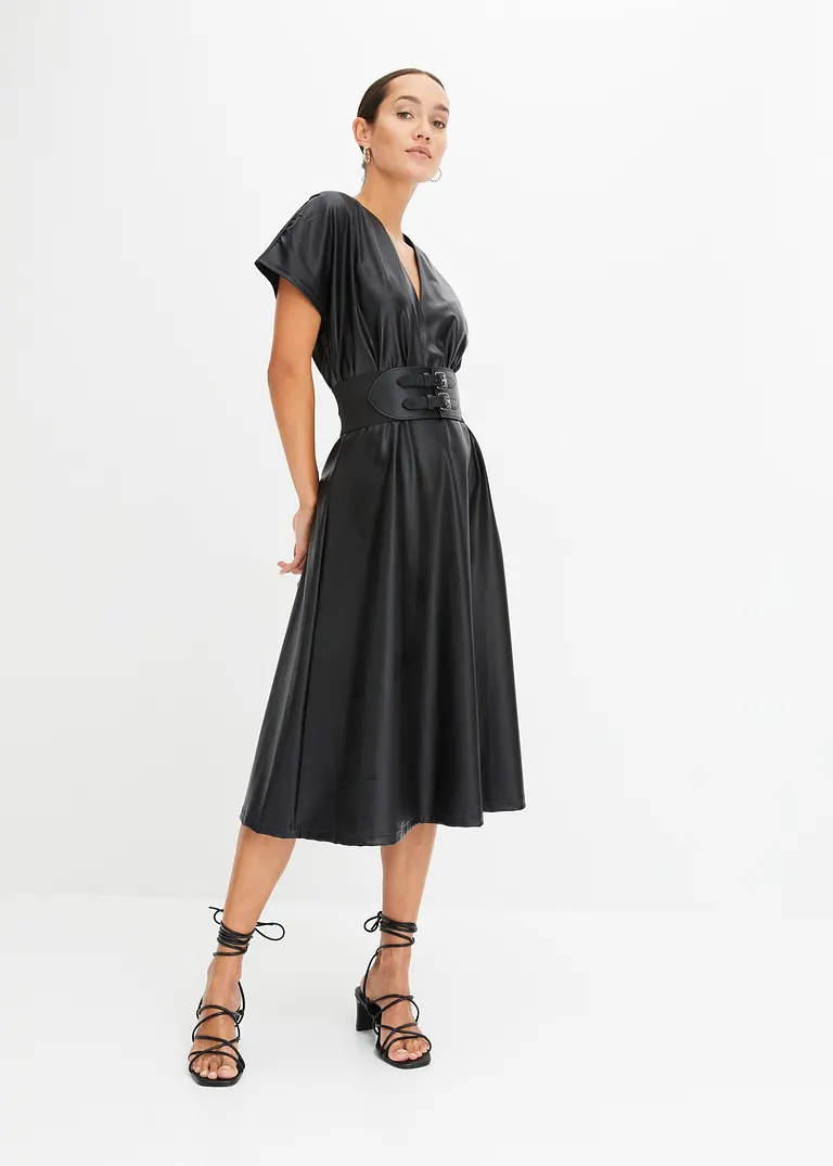 Bonprix Modernes Kleid Mit Breitem Gürtel Und Tiefem Ausschnitt - Schwarz