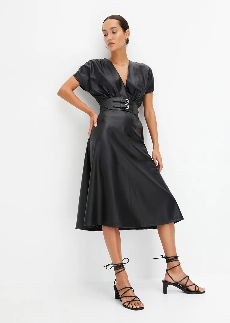 Bonprix Modernes Kleid Mit Breitem Gürtel Und Tiefem Ausschnitt - Schwarz