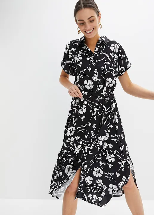 Bonprix Modernes Kleid Mit Knopfleiste Und Bindeband - Schwarz