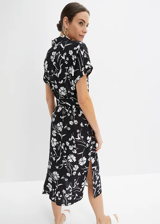 Bonprix Modernes Kleid Mit Knopfleiste Und Bindeband - Schwarz
