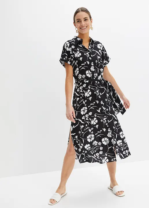 Bonprix Modernes Kleid Mit Knopfleiste Und Bindeband - Schwarz