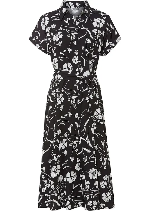 bonprix Modernes Kleid mit Knopfleiste und Bindeband - schwarz