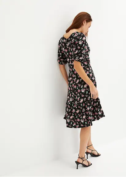 Bonprix Modernes Kleid Mit Raffung Volant Und Puffärmel - Schwarz