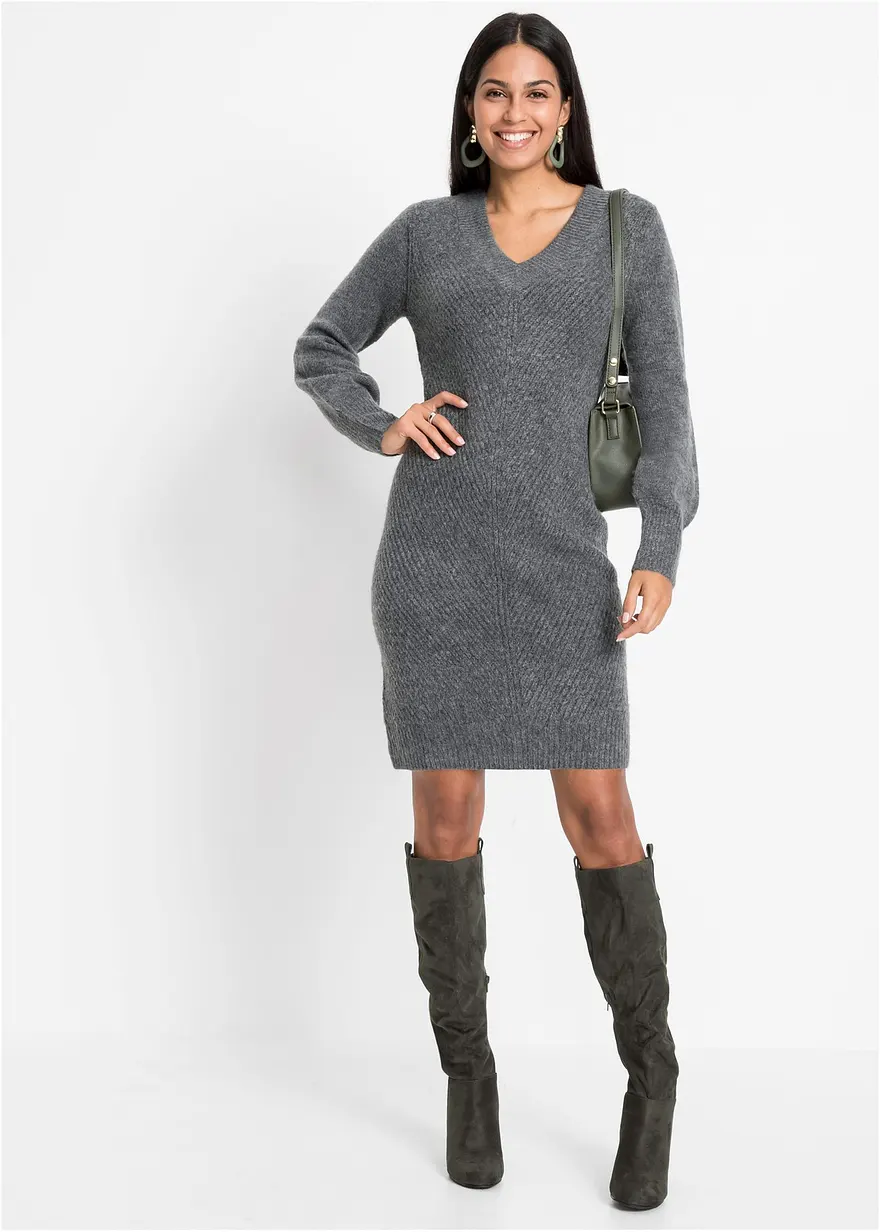 Bonprix Modernes Kleid Mit Tiefem Ausschnitt - Grau - Damen