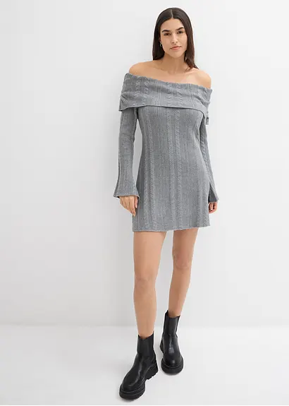 Bonprix Modernes Kurz Geschnittenes Carmen-Kleid Aus Strick - Grau