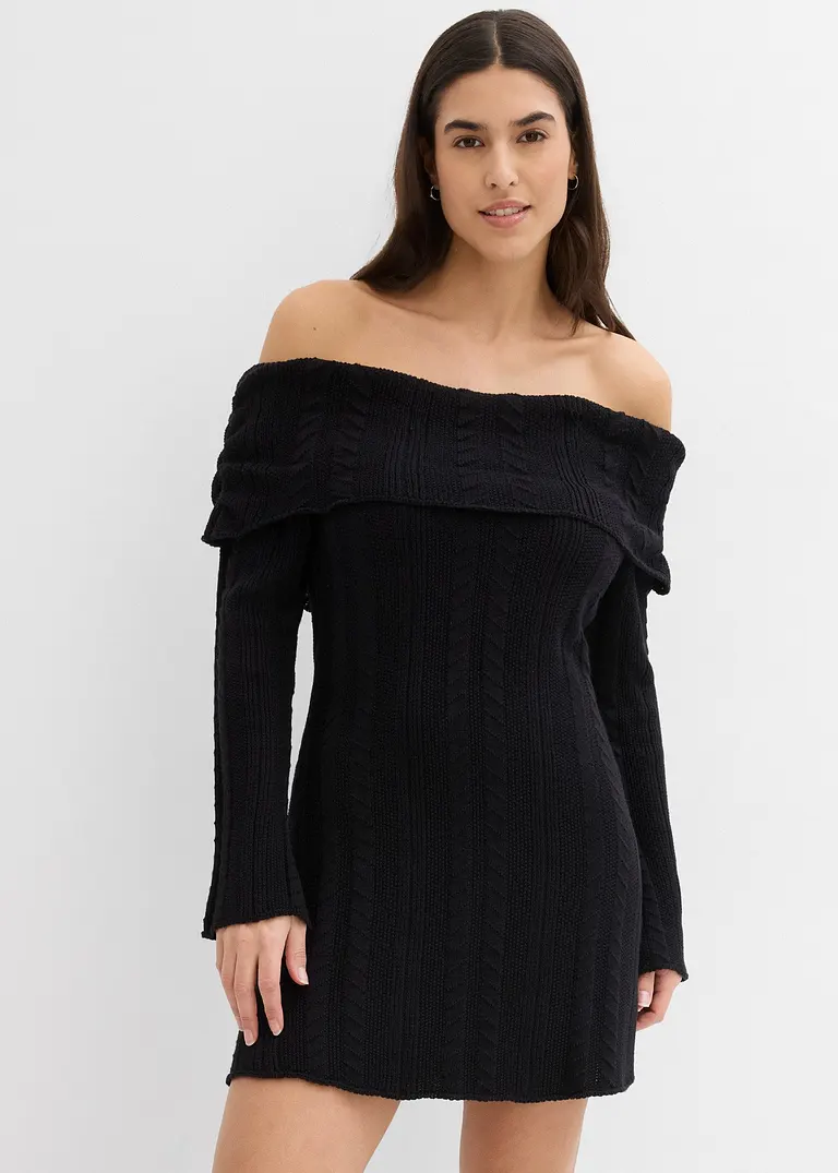 Bonprix Modernes Kurz Geschnittenes Carmen-Kleid Aus Strick - Schwarz