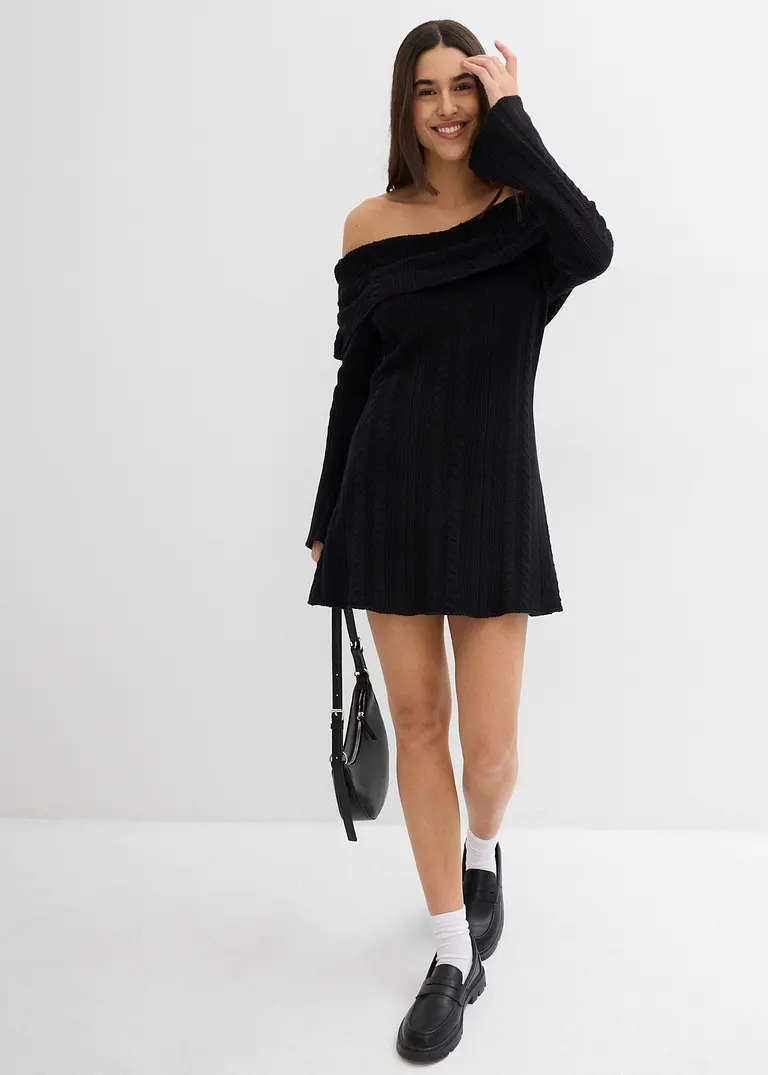 Bonprix Modernes Kurz Geschnittenes Carmen-Kleid Aus Strick - Schwarz