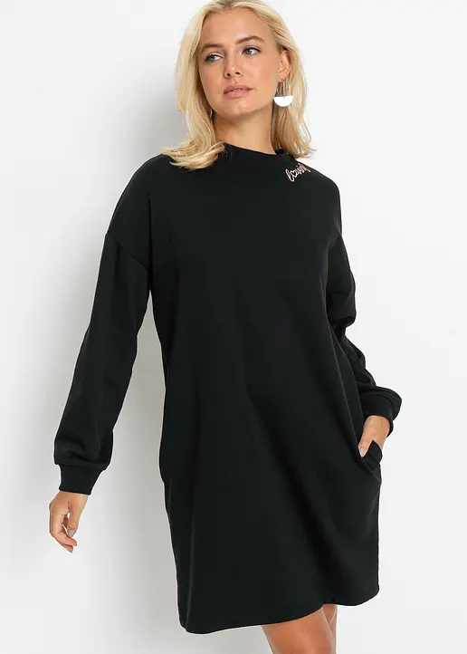 Bonprix Modernes Kurzes Sweatkleid Mit Eingriffstaschen - Schwarz