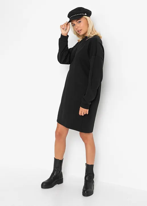 Bonprix Modernes Kurzes Sweatkleid Mit Eingriffstaschen - Schwarz