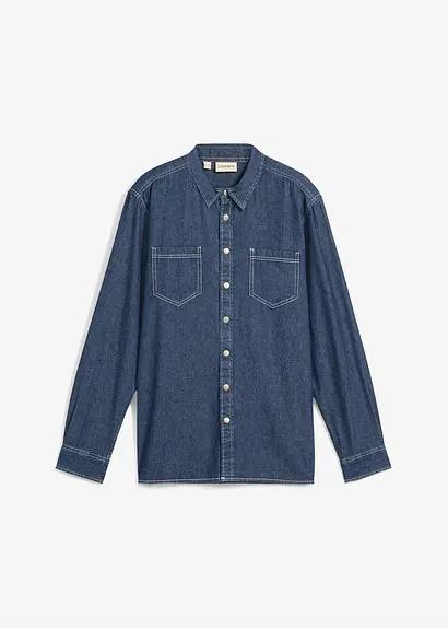bonprix Modernes Langarm-Jeanshemd mit zwei aufgesetzten Taschen - blau