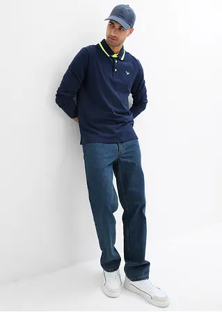 Bonprix Modernes Langarm-Poloshirt In Piqué-Qualität - Blau