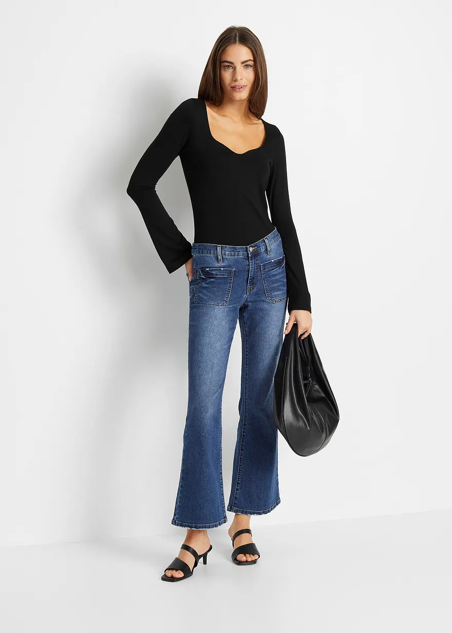 Bonprix Modernes Langarmshirt Mit Herzausschnitt - Schwarz