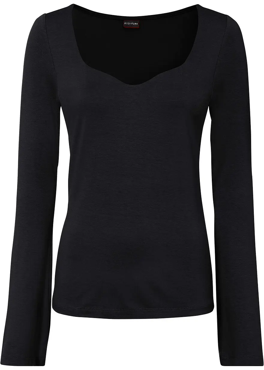 bonprix Modernes Langarmshirt mit Herzausschnitt - schwarz